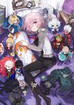  andrian_gilang archer arjuna_(fate/grand_order) artoria_pendragon_(all) bed berserker black_dress black_legwear cardigan character_doll dakimakura_(object) dress edmond_dantes_(fate/grand_order) fate/grand_order fate_(series) fou_(fate/grand_order) from_above fujimaru_ritsuka_(female) gae_bolg hair_between_eyes highres illyasviel_von_einzbern indoors karna_(fate) long_sleeves looking_at_viewer lying magical_ruby mash_kyrielight miniskirt mordred_(fate) mordred_(fate)_(all) necktie no_shoes oda_nobunaga_(fate) okita_souji_(fate) okita_souji_(fate)_(all) on_side open_cardigan open_clothes pantyhose pillow pink_eyes pink_hair pleated_dress purple_eyes red_neckwear saber short_dress short_hair skirt smile solo sweater 