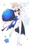  ;d aldnoah.zero bird black_bow blonde_hair blue_flower blue_ribbon blush bouquet bow bowtie bridal_veil dove flower formal full_body highres ita_(1_oonly) male_focus one_eye_closed open_mouth pants petals ribbon slaine_troyard smile standing standing_on_one_leg suit veil white_footwear white_pants white_suit 