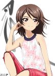  alternate_hairstyle arm_support artist_name bukkuri casual character_name closed_mouth commentary dated elbow_on_knee eyebrows_visible_through_hair floral_print girls_und_panzer hair_down halter_top halterneck hand_in_hair highres kanji kawanishi_shinobu leg_up looking_to_the_side pink_shorts print_shirt shirt shorts signature simple_background sitting smile solo white_background white_shirt wind 