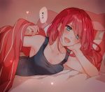  :d bang_dream! bangs bed_invitation black_tank_top blue_eyes blush breasts chin_rest chino_machiko cleavage collarbone dark_room heart long_hair looking_at_viewer lying medium_breasts on_side open_mouth pillow red_hair smile solo tank_top translation_request udagawa_tomoe under_covers 