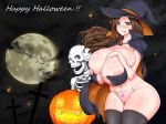  1girl areola_slip areolae bare_shoulders bottomless breasts cleavage collarbone halloween hat highres hips huge_breasts legs long_hair no_panties paradise_lost pumpkin shiny shiny_skin skeleton smile solo_focus tongue tongue_out wide_hips witch_hat womb_tattoo 