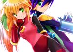  1girl back-to-back bangs blonde_hair blue_gloves blue_hair bodysuit breasts dutch_angle elbow_gloves gloves green_eyes hair_between_eyes hair_ribbon hand_in_hair long_hair red_gloves ribbon rockman rockman_exe rockman_exe_(character) roll_exe simple_background smile white_background yurikagodenno 