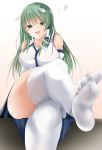  :d alicemagic bdsm between_thighs breasts eighth_note feet foot_worship green_eyes green_hair hair_ornament highres kochiya_sanae large_breasts long_hair miniboy musical_note no_shoes open_mouth pov_feet sadism simple_background sitting smile socks soles solo thighhighs touhou uniform white 