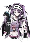  absurdres andrian_gilang bare_shoulders blindfold bonnet cloak collar euryale fate/grand_order fate_(series) hairband headdress highres leotard lolita_hairband long_hair looking_at_viewer medusa_(lancer)_(fate) multiple_girls open_mouth purple_eyes purple_hair rider siblings sisters sitting smile stheno twintails underwear very_long_hair 