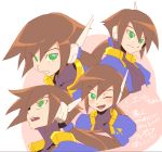  aile bangs blush brown_hair closed_mouth expressions eyebrows_visible_through_hair face green_eyes hair_between_eyes kin_(kin219) long_hair looking_up multiple_views one_eye_closed open_mouth ponytail robot_ears rockman rockman_zx rockman_zx_advent serious smile 