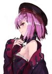  andrian_gilang bare_shoulders breasts fate/grand_order fate_(series) hat helena_blavatsky_(fate/grand_order) highres looking_to_the_side off_shoulder profile purple_eyes purple_hair short_hair simple_background sketch small_breasts smile solo tree_of_life white_background 