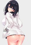  ass bangs black_hair black_skirt blue_eyes blush breasts closed_mouth commentary_request hands_in_pockets highres hips large_breasts long_hair long_sleeves looking_at_viewer looking_back miniskirt pleated_skirt sankakusui school_uniform shiny shiny_hair shiny_skin simple_background skirt solo ssss.gridman sweater swept_bangs takarada_rikka thighs white_background white_sweater 
