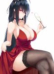  ahoge alcohol awu azur_lane backlighting bangs bare_arms bare_shoulders black_hair black_legwear breasts champagne champagne_flute choker cleavage cocktail_dress collarbone crossed_legs cup dress drinking_glass eyebrows_visible_through_hair feet_out_of_frame formal from_side garter_straps hair_between_eyes hair_ornament hand_up heart highres holding holding_cup lace lace-trimmed_thighhighs large_breasts lifted_by_self long_hair looking_at_viewer no_bra parted_lips red_choker red_dress red_eyes side_slit sideboob sidelocks sideways_glance simple_background sitting skirt_hold sleeveless sleeveless_dress solo spaghetti_strap spoken_heart steam steaming_body straight_hair taihou_(azur_lane) thighhighs thighs very_long_hair white_background zettai_ryouiki 