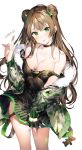  :p absurdres ahoge bangs bare_shoulders black_dress blush bow breasts brown_hair camouflage_jacket character_name choker cleavage collarbone commentary_request dated dog_tags double_bun dress eyebrows_visible_through_hair fingerless_gloves fur_trim girls_frontline gloves green_bow green_eyes hair_bow head_tilt highres jacket long_hair looking_at_viewer medium_breasts off_shoulder rfb_(girls_frontline) short_dress sidelocks smile solo tongue tongue_out umibouzu_(niito) v 
