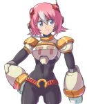  android belt blue_eyes bodysuit breasts commentary_request cowboy_shot hair_between_eyes hand_on_hip headgear headset multicolored_hair nana_(rockman) pink_hair robot_ears rockman rockman_x rockman_x_command_mission short_hair simple_background smile solo two-tone_hair white_background white_hair yuusuke_(5yusuke3) 