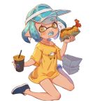  aqua_hair bangs bare_legs blunt_bangs blush breasts character_request commentary domino_mask eating food_request highres holding inkling looking_at_viewer mask oversized_clothes oversized_shirt shirt short_eyebrows short_hair short_sleeves shorts_tan sitting small_breasts solo splatoon_(series) symbol_commentary tan tanline tentacle_hair thick_eyebrows wariza yellow_eyes yellow_shirt yu-ri 