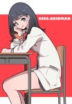  :d bangs black_hair blue_eyes cardigan chair copyright_name desk hand_on_own_cheek highres kidanieru long_hair looking_at_viewer open_mouth red_background school_chair school_desk school_uniform scrunchie sitting smile ssss.gridman takarada_rikka thighs wrist_scrunchie 