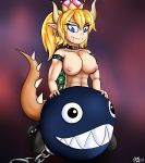  2018 abs alternate_species animal_humanoid big_breasts blonde_hair blue_eyes bowser bowsette_meme breasts clothing collar crown female hair horn humanoid humanoidized koopa mario_bros nintendo nipples novaspark nude scalie simple_background smile spikes super_crown video_games 