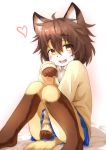  1girl akamu_ver23 brown_eyes brown_hair feet fox furry kyabe_tsuka open_mouth paw_pose school_uniform short_hair sleeves_past_wrists solo 