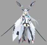  absurdres animal_ears azur_lane black_legwear blue_eyes commentary_request detached_sleeves dual_wielding headgear highres holding katana kawakaze_(azur_lane) long_hair looking_at_viewer machinery mecha_musume oniku_(pixiv_28205308) pleated_skirt silver_hair simple_background skirt sleeves_past_wrists solo sword tail thighhighs turret weapon wide_sleeves wolf_ears wolf_tail zettai_ryouiki 