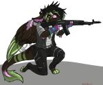  an-94 angel_dragon anthro belledraco belt biped clothing dragon eyewear feathers glasses gun hair holding_object holding_weapon horn humanoid_hands jacket kneeling male pants ranged_weapon rifle shirt simple_background source_request twixxel_minty weapon wings 