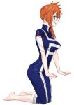  aqua_eyes barefoot blush boku_no_hero_academia breasts commentary_request easy_(aqk7bdqt) kendou_itsuka kneeling large_breasts long_hair looking_at_viewer looking_to_the_side orange_hair side_ponytail simple_background smile solo track_suit u.a._gym_uniform white_background 