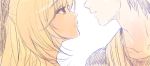  1girl adam's_apple blonde_hair bow chrono_cross commentary_request couple eye_contact eyebrows_visible_through_hair gaty_(etanisu444) head_out_of_frame hetero imminent_kiss kid_(chrono_cross) long_hair long_image looking_at_another profile serge sketch vest wide_image 