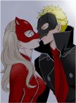  1girl ascot blonde_hair blue_eyes bodysuit cat_mask catsuit closed_eyes ek41429452 face-to-face hetero imminent_kiss long_hair looking_at_another mask noses_touching persona persona_5 profile red_bodysuit sakamoto_ryuuji skull_mask spiked_hair takamaki_anne twintails zipper 