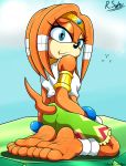  2018 4_toes anthro barefoot blue_eyes blush butt clothed clothing cornchip21 echidna feet female foot_focus fur kneeling looking_at_viewer mammal monotreme screampunk smile soles solo sonic_(series) tikal_the_echidna toes video_games 
