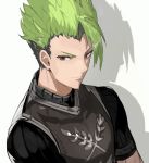  achilles_(fate) andrian_gilang armor fate/apocrypha fate_(series) green_hair highres male_focus shadow simple_background solo upper_body white_background yellow_eyes 
