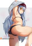  armpits arms_behind_head arms_up ass bikini black_bikini breasts covered_nipples g11_(girls_frontline) girls_frontline highres long_hair looking_at_viewer silver_hair slit_pupils small_breasts solo swimsuit torieto undressing very_long_hair watermark web_address yellow_eyes 