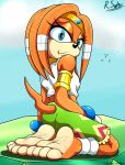  2018 4_toes anthro barefoot blue_eyes blush butt clothed clothing cornchip21 echidna feet female fur kneeling looking_at_viewer mammal monotreme screampunk smile soles solo sonic_(series) tikal_the_echidna toes video_games 