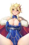  artoria_pendragon_(all) artoria_pendragon_(lancer) bangs bare_shoulders blonde_hair blue_gloves blue_leotard blush breasts cape cleavage cleavage_cutout commentary covered_navel crown elbow_gloves eyebrows_visible_through_hair fate/grand_order fate_(series) fur-trimmed_cape fur_trim gloves green_eyes groin hair_between_eyes head_tilt highres koflif large_breasts leotard long_hair parted_lips red_cape revision round_teeth sidelocks simple_background sitting solo spread_legs teeth upper_teeth white_background 