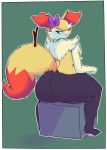  2018 anthro big_butt boiful bow braixen brown_eyes butt canine fan_character fangs female freckles fur inner_ear_fluff looking_back mammal nintendo nude orange_fur pok&eacute;mon pok&eacute;mon_(species) simple_background solo stick thick_thighs velvet_(coldfrontvelvet) video_games white_fur yellow_fur 