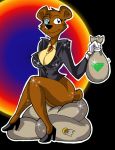  anthro bag bear black_nose bottomless breasts brown_fur cleavage clothed clothing crossgender eyewear female footwear fur gem gloves high_heels mammal money moneybags_(spyro) monocle popesslodovica shoes sitting smile solo sparkle spyro_the_dragon suit_jacket video_games 