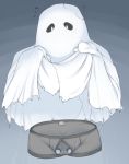  2018 ambiguous_gender clothing clothing_lift digital_media_(artwork) ghost gradient_background invisible_penis iriedono mouthless penis penis_through_fly poking_out sheet_(disambiguation) simple_background solo spirit underwear 