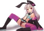  aegis_(nerocc) animal_ears azur_lane bare_shoulders blush breasts bunny_ears detached_sleeves hobby_(azur_lane) long_hair midriff navel panties red_eyes silver_hair sitting small_breasts solo spread_legs thighhighs tongue tongue_out underwear 