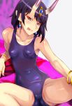  1girl black_hair breasts cameltoe covered_nipples earrings fate/grand_order fate_(series) highres jewelry licking_lips looking_at_viewer nike_(0306) one-piece_swimsuit oni_horns purple_eyes school_swimsuit short_hair shuten_douji_(fate/grand_order) small_breasts smile solo spread_legs swimsuit tongue tongue_out 