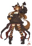  :d animal_ear_fluff animal_ears ankle_boots arm_up artist_name bangs black_footwear black_gloves black_hat black_jacket black_skirt blush boots bow bowtie breasts brown_hair buckle claw_pose collared_shirt commentary_request corset cropped_jacket full_body fur-trimmed_gloves fur_trim gloves hair_between_eyes halloween hat high-waist_skirt highres holding jack-o'-lantern jacket lansane large_breasts legs_apart long_hair long_sleeves looking_at_viewer open_clothes open_jacket open_mouth orange_eyes original pigeon-toed pumpkin red_bow red_neckwear shirt signature simple_background skirt smile solo standing striped striped_legwear tail thighhighs tsana_(lansane) very_long_hair white_background white_shirt wide_sleeves wing_collar wolf_ears wolf_girl wolf_tail zettai_ryouiki 