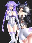  :d :o ass bangs black_hair blood blue_eyes blush braid breasts choujigen_game_neptune cleavage cleavage_cutout commentary cosplay covered_nipples english_commentary gloves hair_ornament highres large_breasts leotard long_hair multiple_girls nepgear nepgear_(cosplay) neptune_(choujigen_game_neptune) neptune_(series) noire nosebleed open_mouth power_symbol purple_hair purple_heart purple_sister purple_sister_(cosplay) red_eyes ribbon skirt smile symbol-shaped_pupils thighhighs twin_braids twintails twistedscarlett60 very_long_hair white_gloves white_legwear 