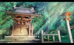 day fantasy forest hankachi_(okayama012) highres letterboxed light_beam nature no_humans original outdoors railing scenery shrine stone stone_walkway tree 