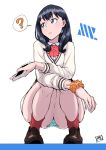  1girl ? arm_scrunchie bad_weather black_hair blue_eyes bow cardigan cellphone closed_mouth full_body holding holding_phone long_hair long_sleeves looking_at_viewer looking_away panties pantyshot pantyshot_(squatting) phone red_legwear shoes smartphone socks spoken_question_mark squatting ssss.gridman takarada_rikka thick_thighs thighs underwear white_background white_panties 