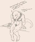  2017 anthro capte chastity chastity_cage dialogue digital_media_(artwork) english_text lizard looking_at_viewer male melee_weapon monochrome muscular muscular_male nipples nude reptile scalie simple_background sitting solo sword text weapon 
