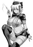  belt blush boots bracelet breasts cleavage covered_nipples fate/grand_order fate_(series) greyscale hat highres jewelry kanno_takanori koha-ace large_breasts layered_bikini looking_at_viewer microskirt midriff monochrome nurse_cap okita_souji_(alter)_(fate) okita_souji_(fate)_(all) parted_lips revealing_clothes short_hair shrug_(clothing) simple_background sitting skindentation skirt solo syringe tassel thigh_boots thighhighs tied_hair trick_or_treatment white_background 