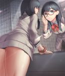  ass black_hair blue_eyes bow bowtie cardigan commentary_request glasses long_hair long_sleeves mirror red-framed_eyewear red_neckwear reflection rotix scrunchie semi-rimless_eyewear solo ssss.gridman standing takarada_rikka thighs under-rim_eyewear white_cardigan wrist_scrunchie 