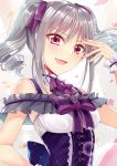 :d absurdres ascot black_bow bow bowtie breasts choker eyebrows_visible_through_hair floating_hair gu_li hair_between_eyes hair_ribbon hand_on_hip highres idolmaster idolmaster_cinderella_girls kanzaki_ranko long_hair looking_at_viewer open_mouth purple_bow purple_neckwear purple_ribbon red_eyes ribbon shiny shiny_hair silver_hair sleeveless small_breasts smile solo sparkle twintails upper_body wrist_cuffs 