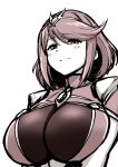  bangs blush breasts homura_(xenoblade_2) kanno_takanori large_breasts looking_at_viewer red_eyes red_hair short_hair shoulder_armor sidelocks simple_background smile solo swept_bangs tiara upper_body v_arms white_background xenoblade_(series) xenoblade_2 