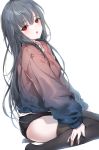  :o bangs black_legwear black_swimsuit blue_shirt blush dutch_angle eyebrows_visible_through_hair gradient gradient_shirt grey_hair hair_between_eyes hand_on_leg highres long_hair looking_at_viewer looking_to_the_side no_shoes original parted_lips puffy_short_sleeves puffy_sleeves red_eyes red_shirt shirt short_sleeves sitting solo swimsuit swimsuit_under_clothes thighhighs very_long_hair wariza white_background yumaomi 