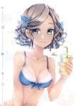  artist_name bangs bikini_top blue_eyes breasts cleavage collarbone front-tie_bikini front-tie_top grey_hair hair_ornament holding looking_at_viewer medium_breasts navel original parted_bangs quiss short_hair smile solo sparkle upper_body watermark web_address 