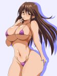  00s 1girl bikini blue_background blush breasts brown_eyes brown_hair cleavage finger_to_mouth gluteal_fold huge_breasts ichigo_100_percent inabakun00 kitaooji_satsuki long_hair looking_at_viewer matching_hair/eyes micro_bikini navel parted_lips purple_bikini silhouette simple_background smile solo standing swimsuit wide_hips 