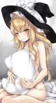  blonde_hair blush breasts covering covering_breasts hair_between_eyes hat hat_ribbon highres kirisame_marisa long_hair looking_at_viewer maremay0513 nude pillow pillow_grab ribbon sitting small_breasts solo touhou underwear_removed white_ribbon witch_hat yellow_eyes 