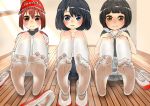  3girls black_hair blue_eyes blush brown_eyes brown_hair cap feet hands_on_own_knees kanokke long_hair looking_at_viewer low_twintails multiple_girls parted_lips ponytail pov pov_feet see-through shoes shoes_removed smell smile socks soles steam sweat toes twintails uwabaki white_legwear 