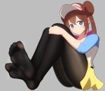  1girl black_legwear blue_eyes brown_hair creatures_(company) feet game_freak hair_bun hand_on_own_knee j-kisarazu long_hair looking_at_viewer mei_(pokemon) nintendo no_shoes pantyhose pokemon pokemon_(game) pokemon_bw2 smile soles steam twintails visor 