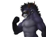  2016 amber_eyes anthro biceps bust_portrait charr clothed clothing dagos fangs feline flexing fur guild_wars hi_res horn male mammal multi_ear muscular muscular_male navel nude pecs pink_nose portrait scar simple_background solo syrax teeth topless video_games white_background 