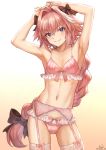  abs armpits arms_behind_head arms_up astolfo_(fate) bangs black_bow blush bow bow_panties bra braid bulge closed_mouth collarbone commentary crossdressing fang fate/apocrypha fate_(series) frills garter_belt garter_straps gradient gradient_background hair_between_eyes hair_bow hair_intakes highres hips lace long_braid long_hair looking_at_viewer male_focus mashu_003 multicolored_hair navel otoko_no_ko panties pink_bra pink_hair pink_panties purple_eyes signature single_braid smile solo streaked_hair thighs twitter_username underwear underwear_only very_long_hair 